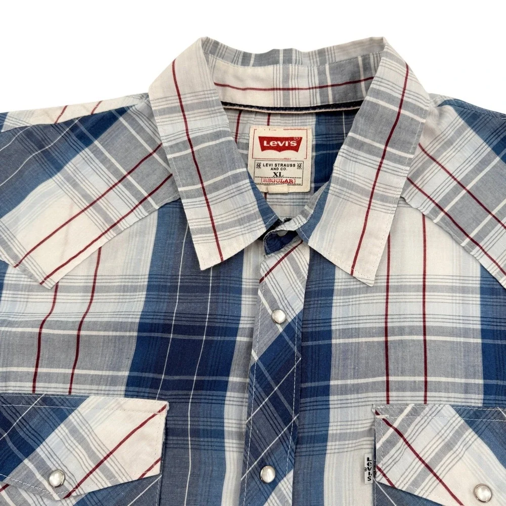 Levis Men XL Western Snap Shirt  Blue Plaid Regular Fit Pearl Snap 3LMLW0073